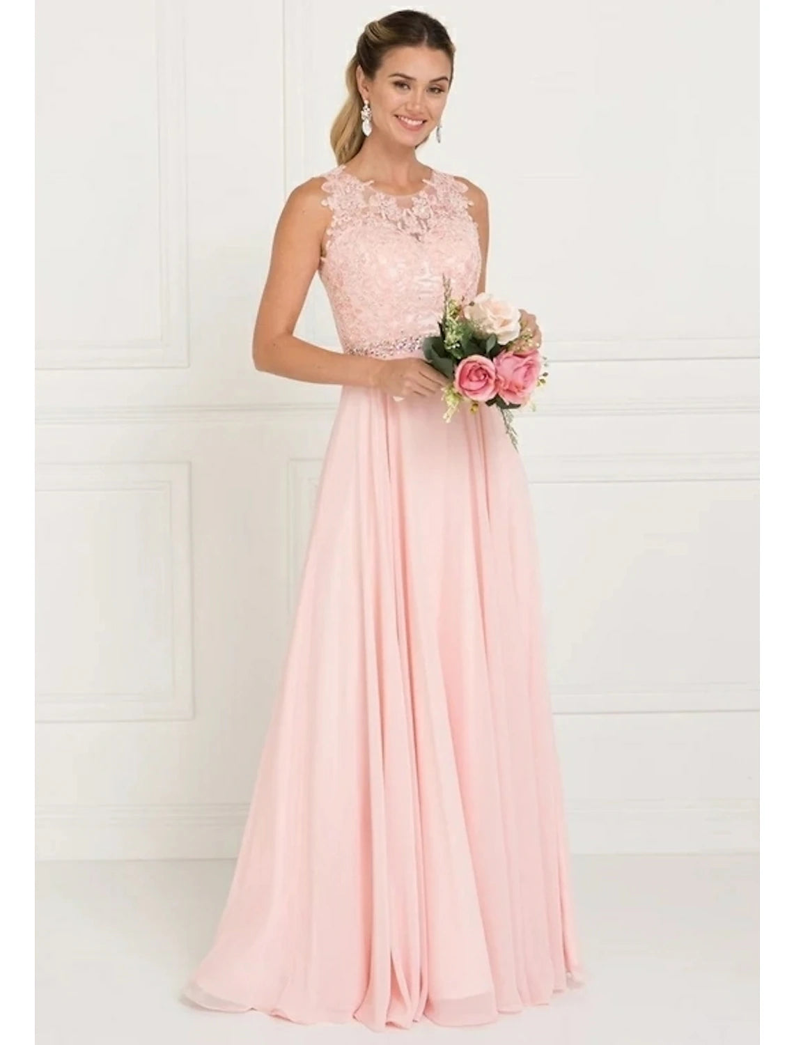 Wholesale A-Line Bridesmaid Dress Jewel Neck Sleeveless Elegant Sweep / Brush Train Tulle with Lace / Sash / Ribbon
